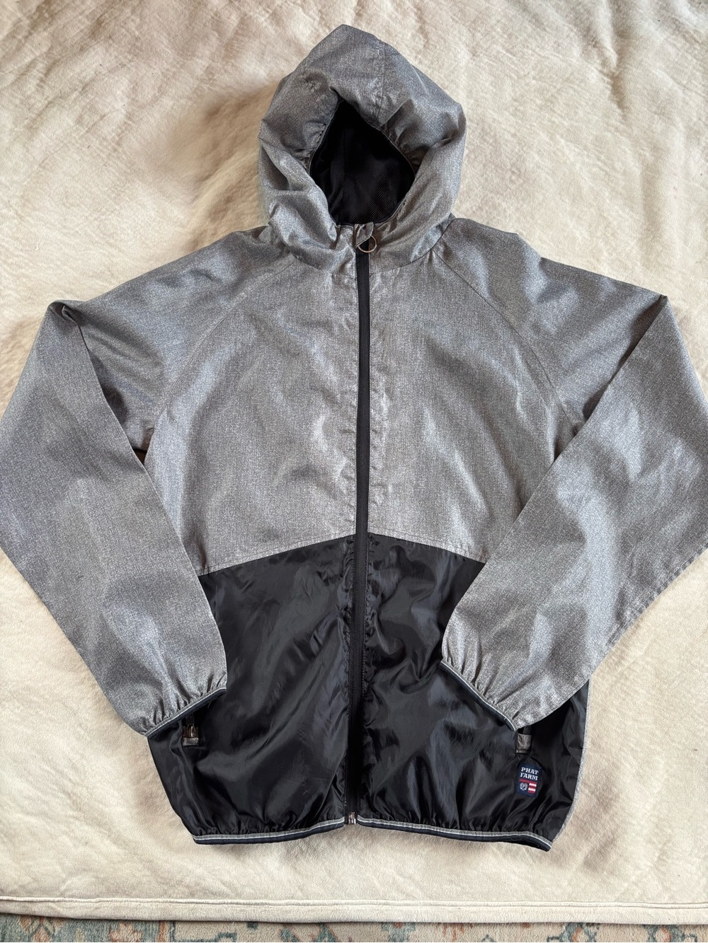 Phat Farm Gray Black Hooded Windbreaker Jacket Full Zip Lightweight L